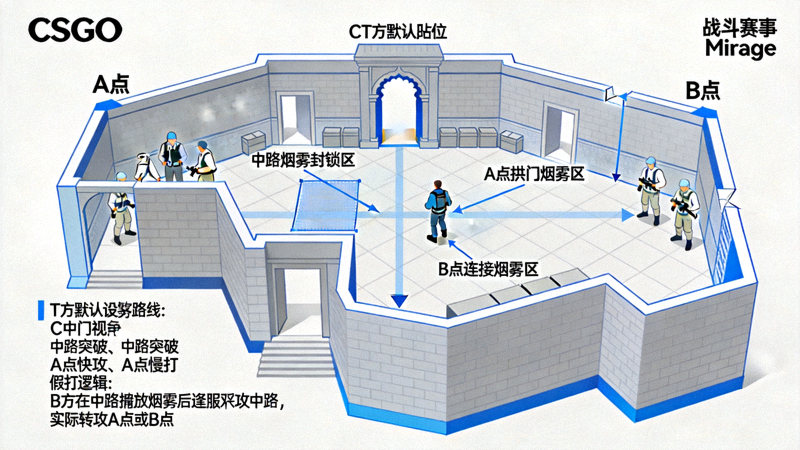 CSGO 大赛 Mirage 地图默认战术与假打逻辑示意图，标注烟雾封锁区域