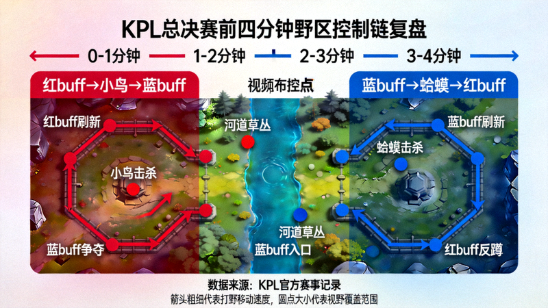 KPL 总决赛前四分钟野区控制链复盘图，展示双方打野路线与视野布控