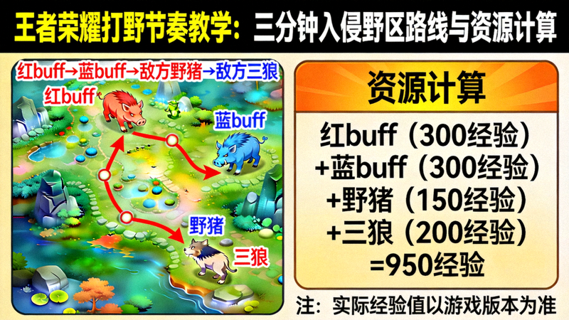 王者荣耀打野节奏教学示意图，展示三分钟入侵野区的路线与资源计算